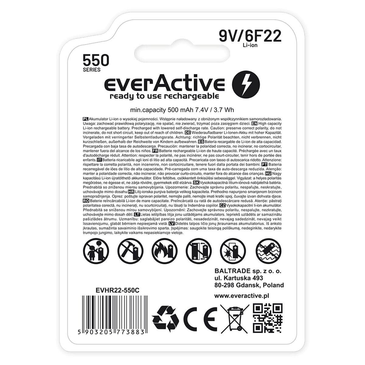 Atkārtoti Uzlādējamas Baterijas EverActive EVHR22-550C 9 V